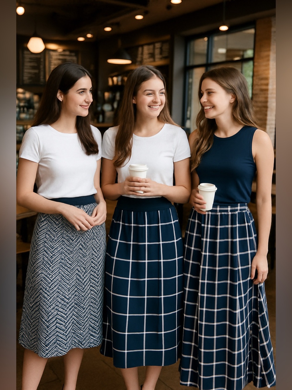 3 PCS BLUE & WHITE MIDI & MAXI SKIRTS FOR ALL OCCASIONS TATTERSALLS & CHEVRON